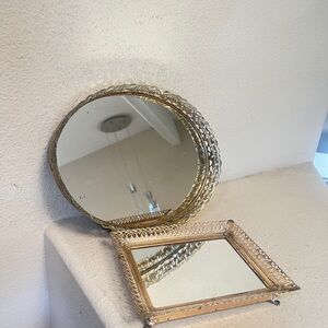 Two Set VNTG Mirrors Vanity Tray Gold‎ Filigree Ornate Frame perfume Dresser